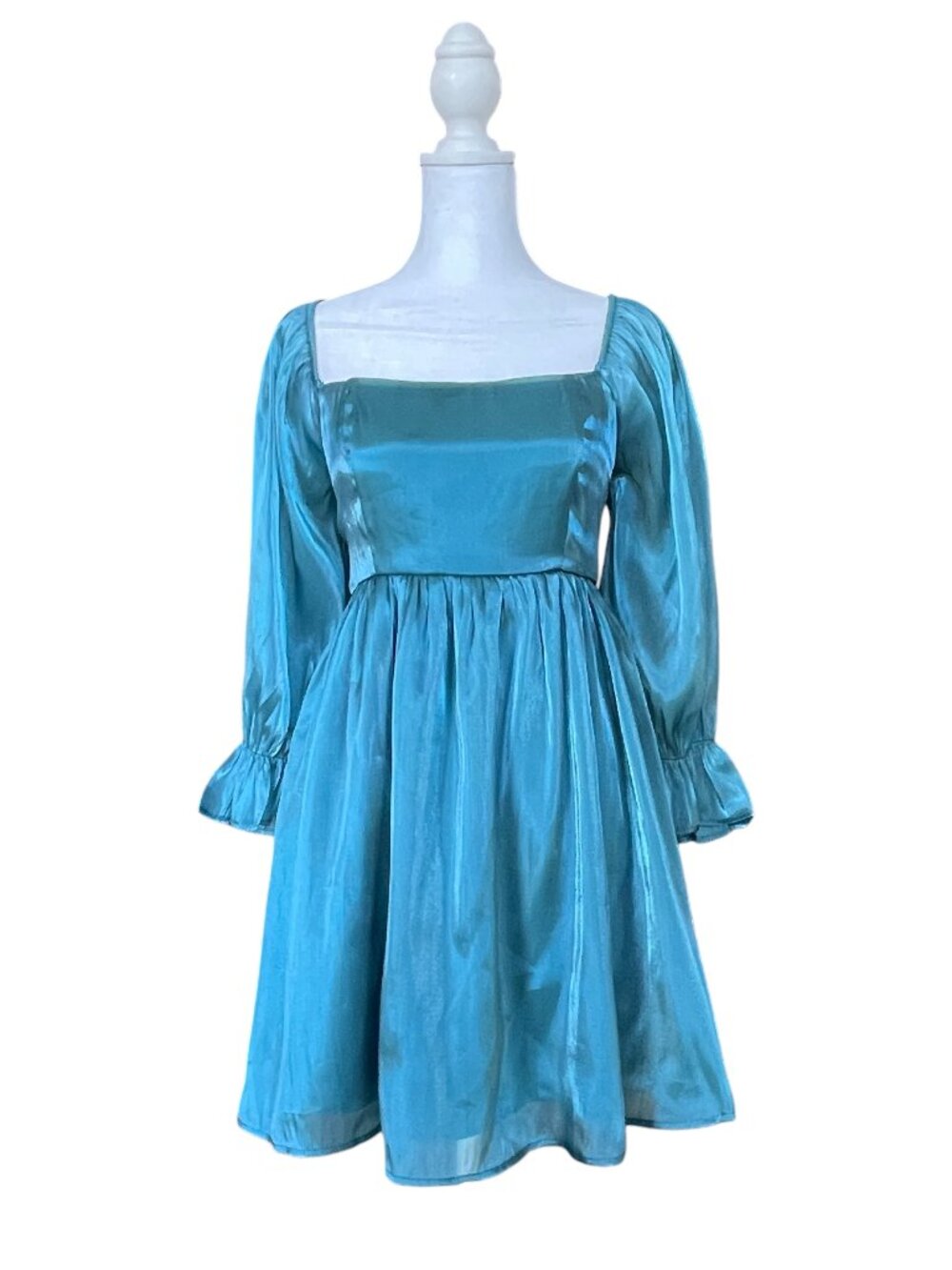 Teal Shimmer Babydoll Puff-Sleeve Mini Dress – Mermaid/Cottagecore - Size L